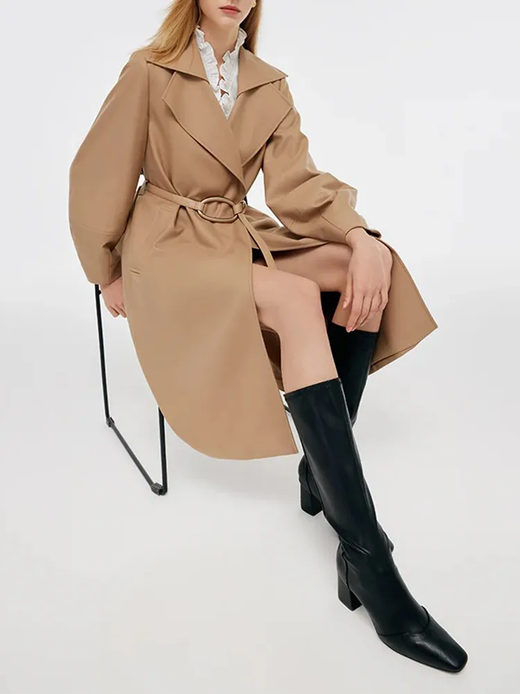 Worsted Wool Lantern Sleeve Women Trench Coat