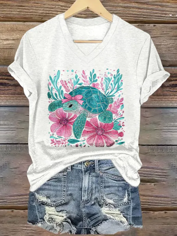 Women's Summer Sea Turtles Short Sleeves V-Neck Pure Cotton T-Shirt