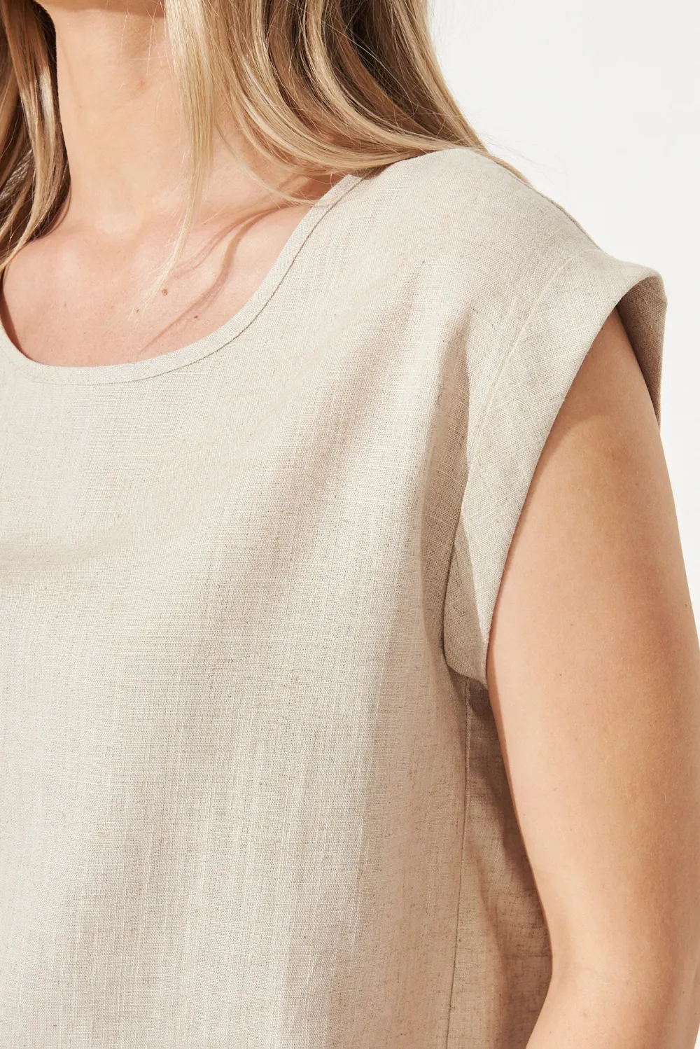 Beige Crew Neck Linen Short Sleeve Top
