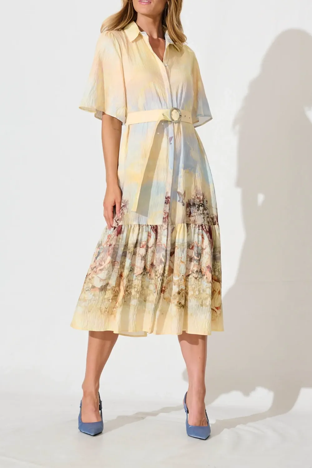 Beige Printed Tiered Shirt Midi Dress