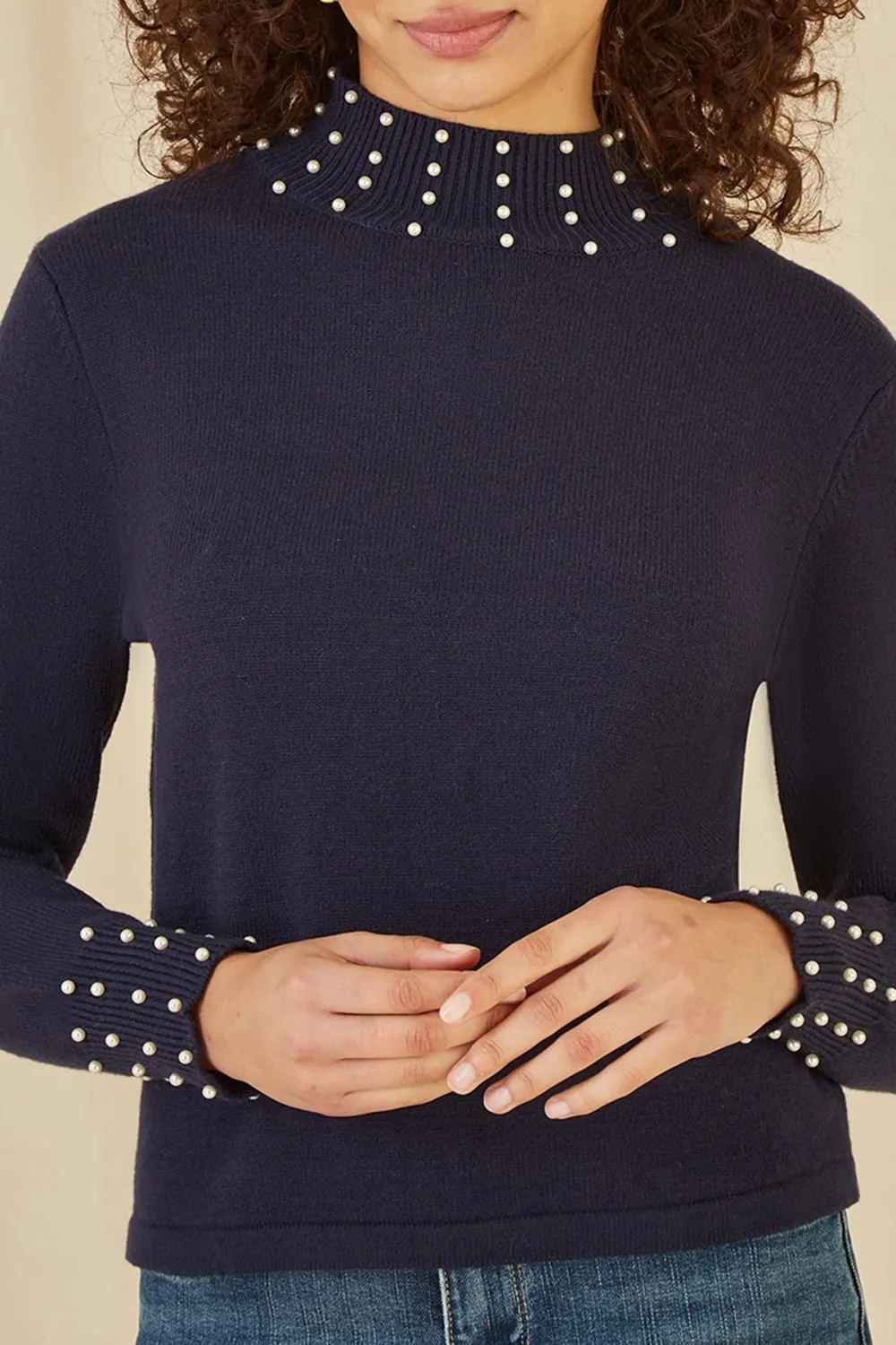 Navy Pearl Detail High Neck Jumper