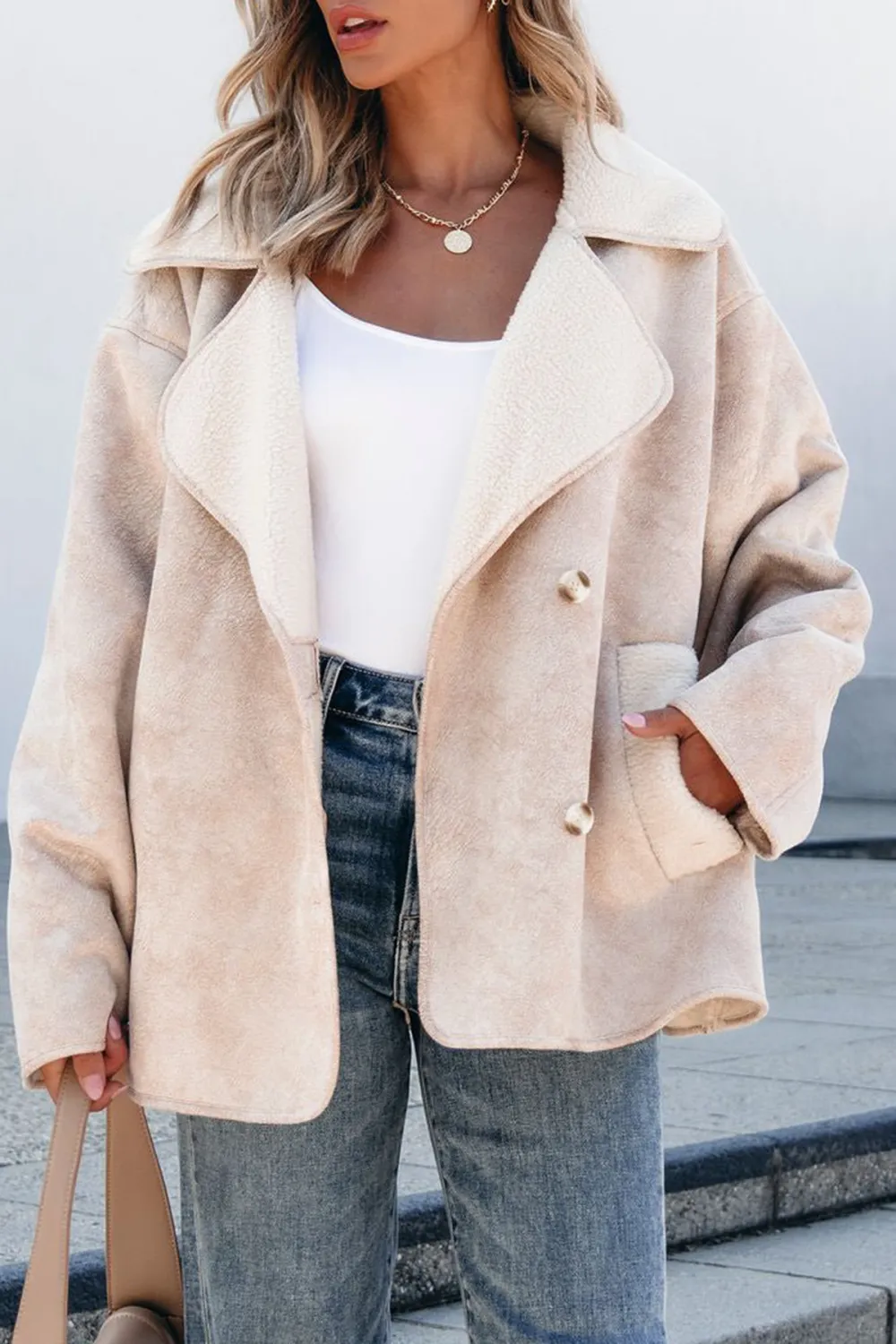 Faux Suede Sherpa Jacket - Beige