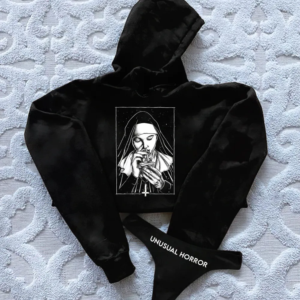 Evil Nun Printed Women's Cropped Hoodie & Thong Sets