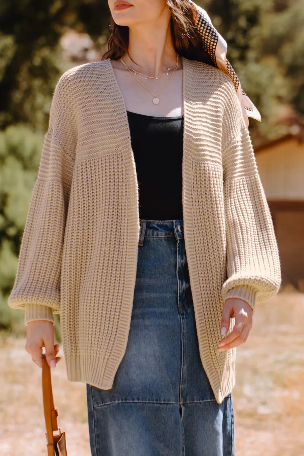 Khaki Long Sleeve Open Front Cardigan