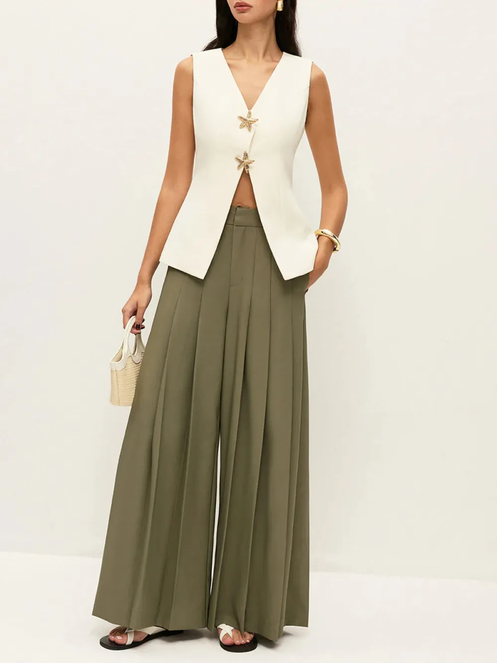 Pleated Wide-Leg Mid-Waist Pants