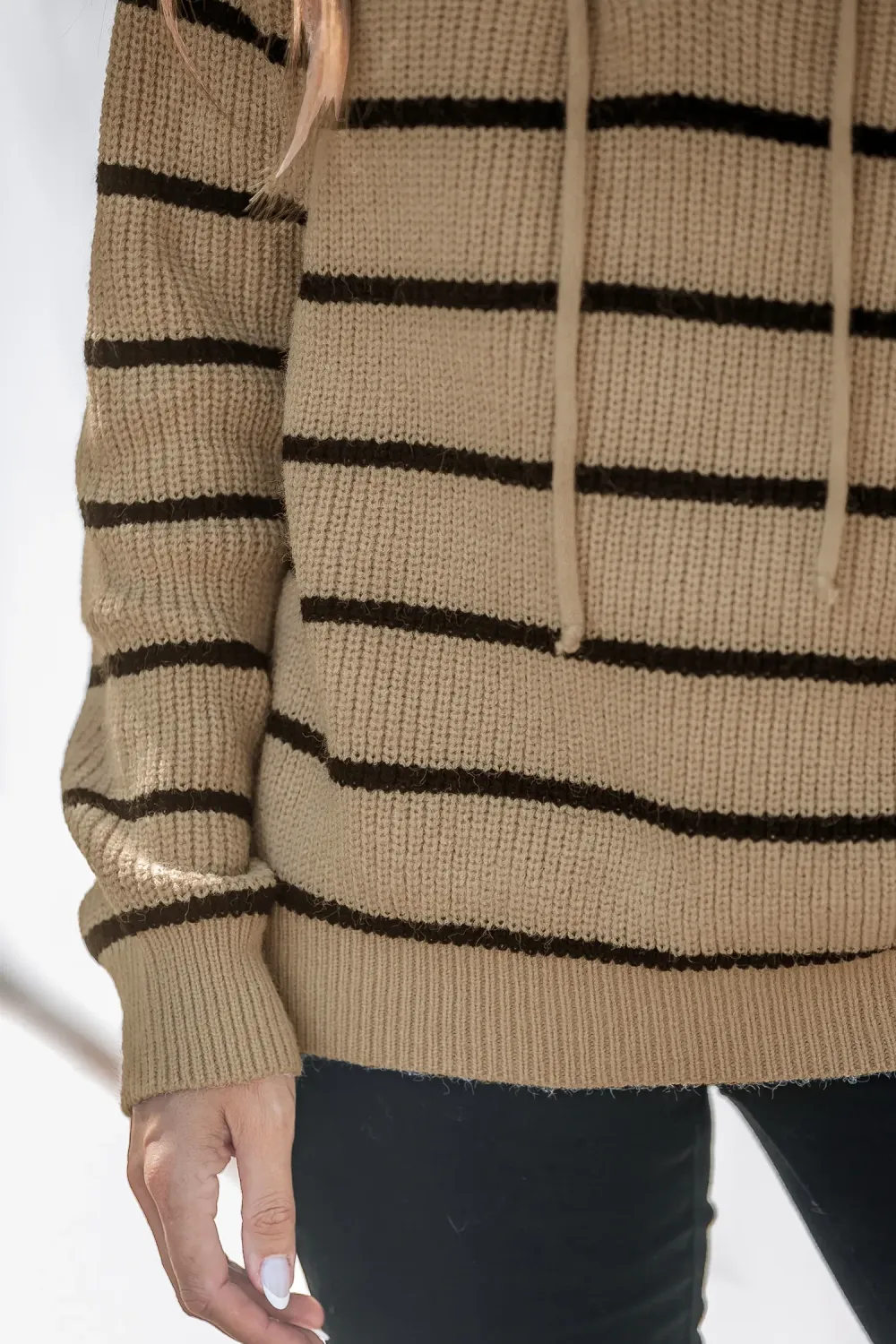 Khaki & Black Striped Hooded Long Sleeve Sweater