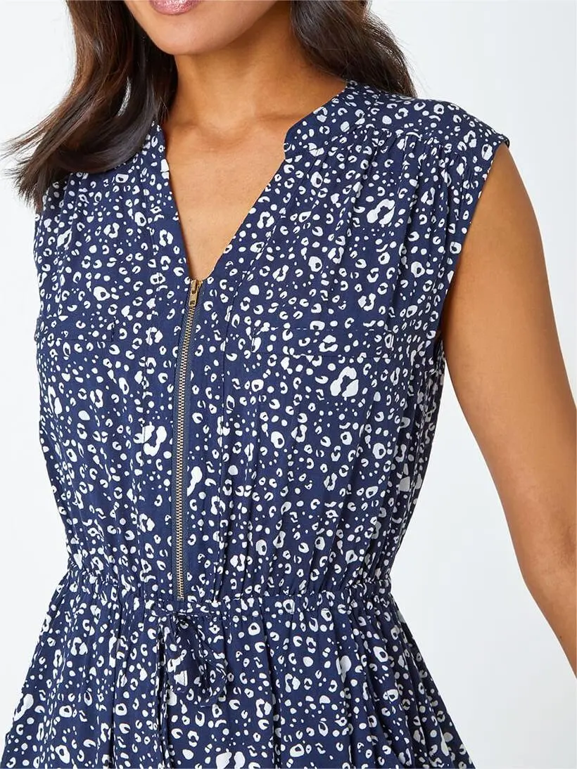 Navy Zip Detail Leopard Print Dress