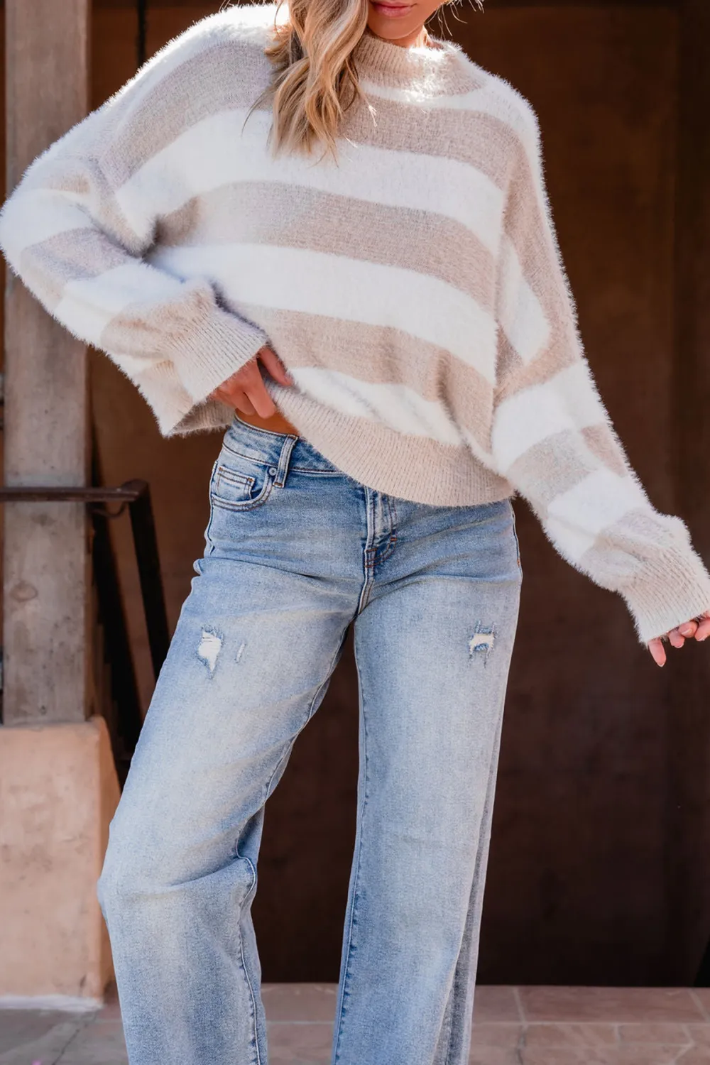 Fuzzy Beige Striped Sweater