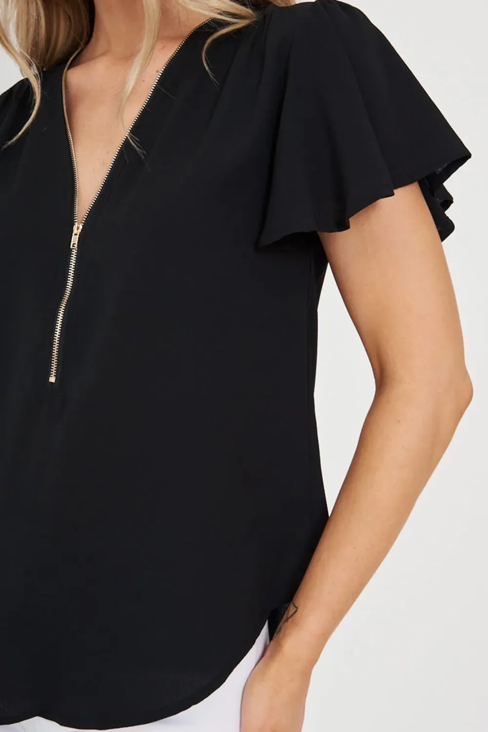 Black Zip Front Short Sleeve Blouse