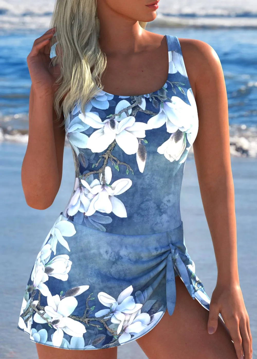 Tie Floral Print Denim Blue One Piece Swimdress