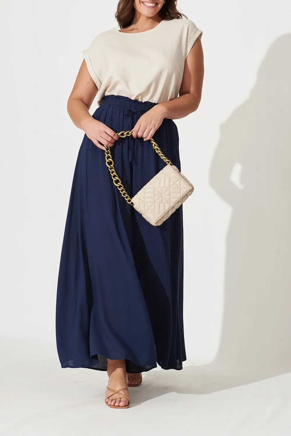 Beige Crew Neck Linen Short Sleeve Top