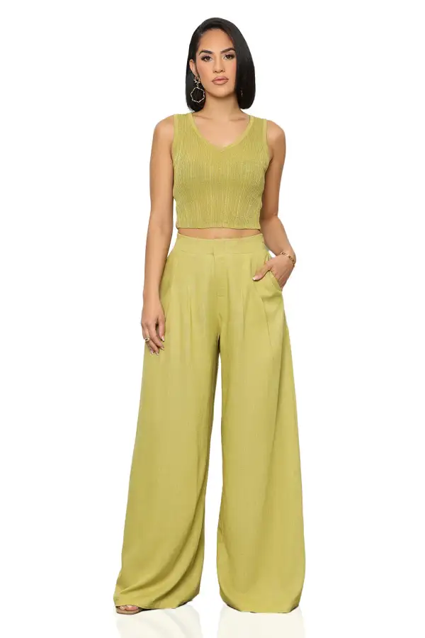 On The Go Linen Pants Set (Lime)