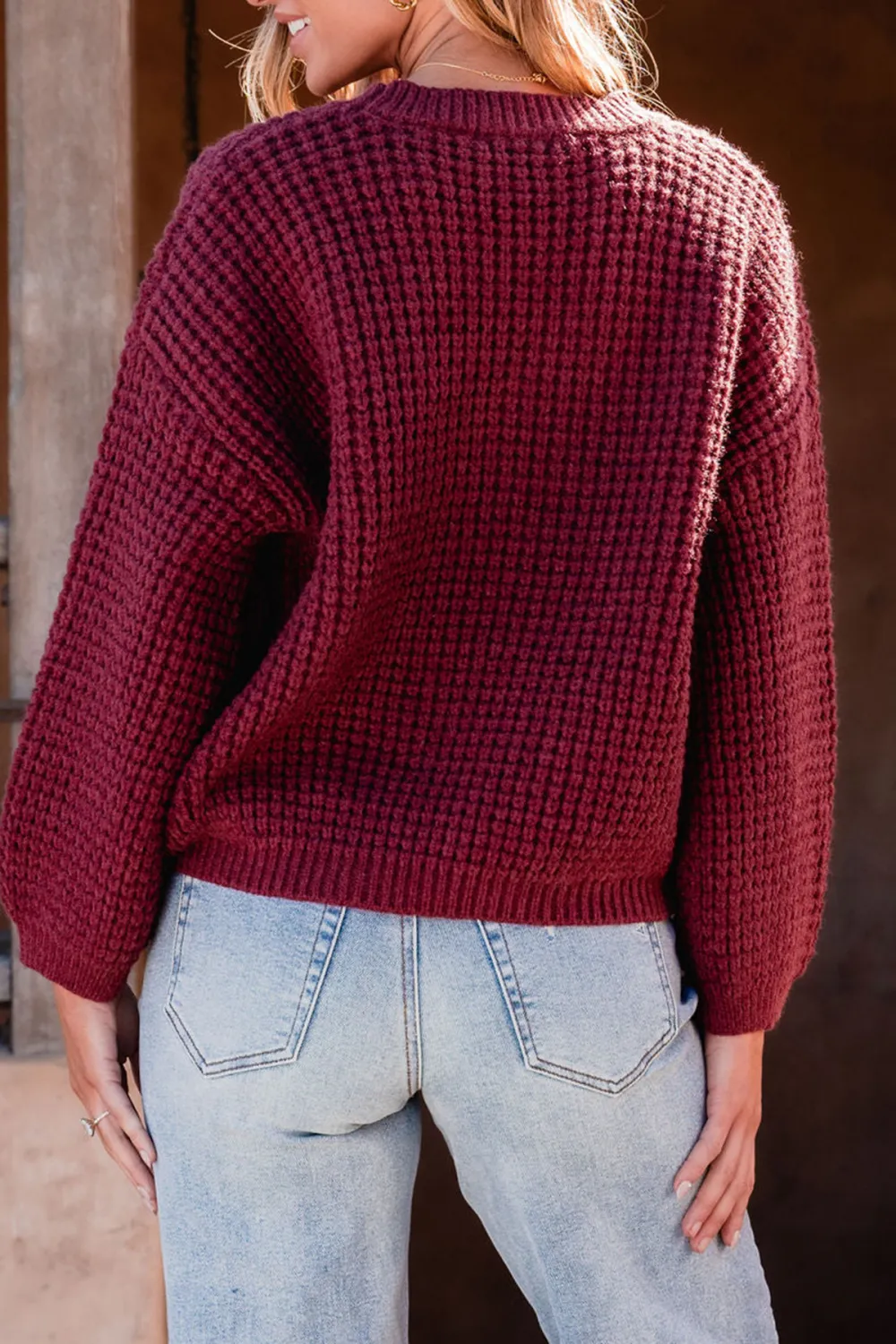 Burgundy Ribbed Waffle Knit Sweater