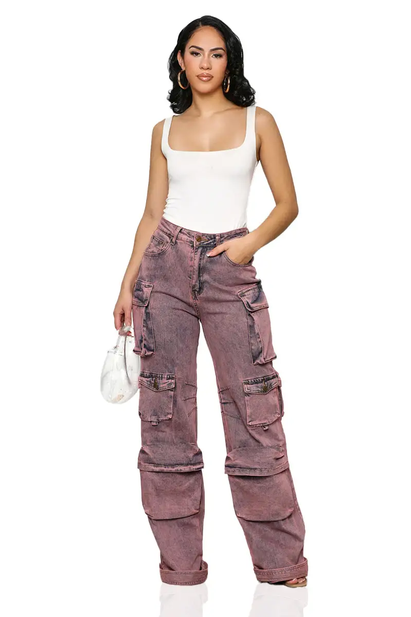 Always On Go Distressed Cargo Jeans (Purple Acid Wash)- FINAL SALE