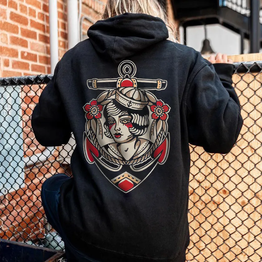 Retro Navy Woman Anchor Print Hoodie
