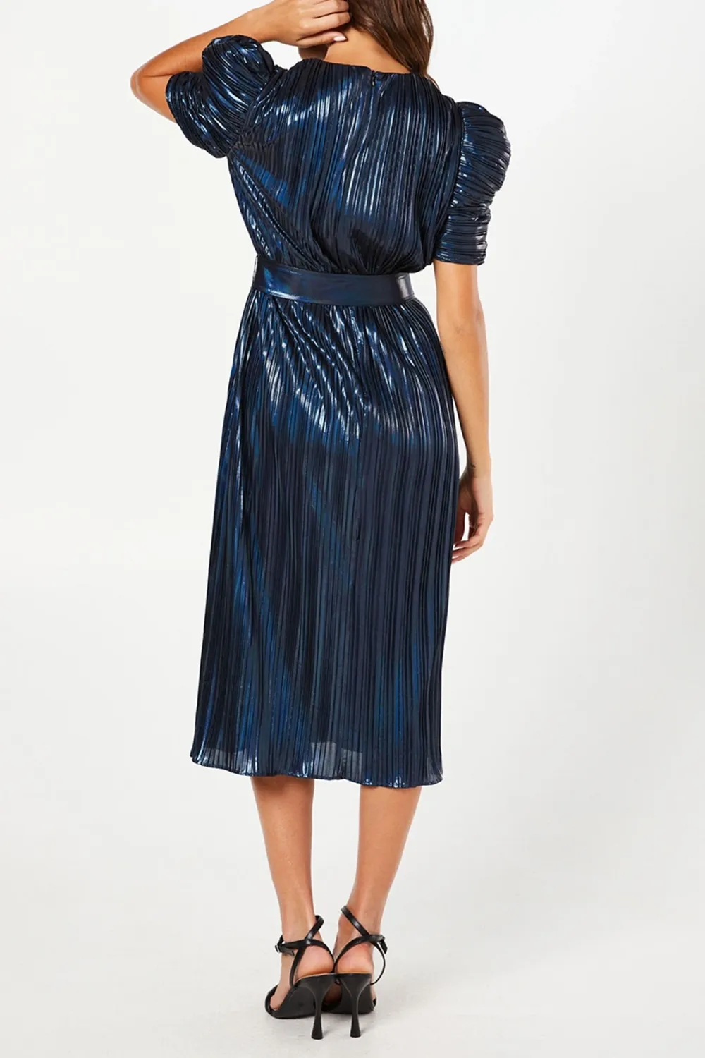 Metallic Pleated Puff Sleeve Midi Dress