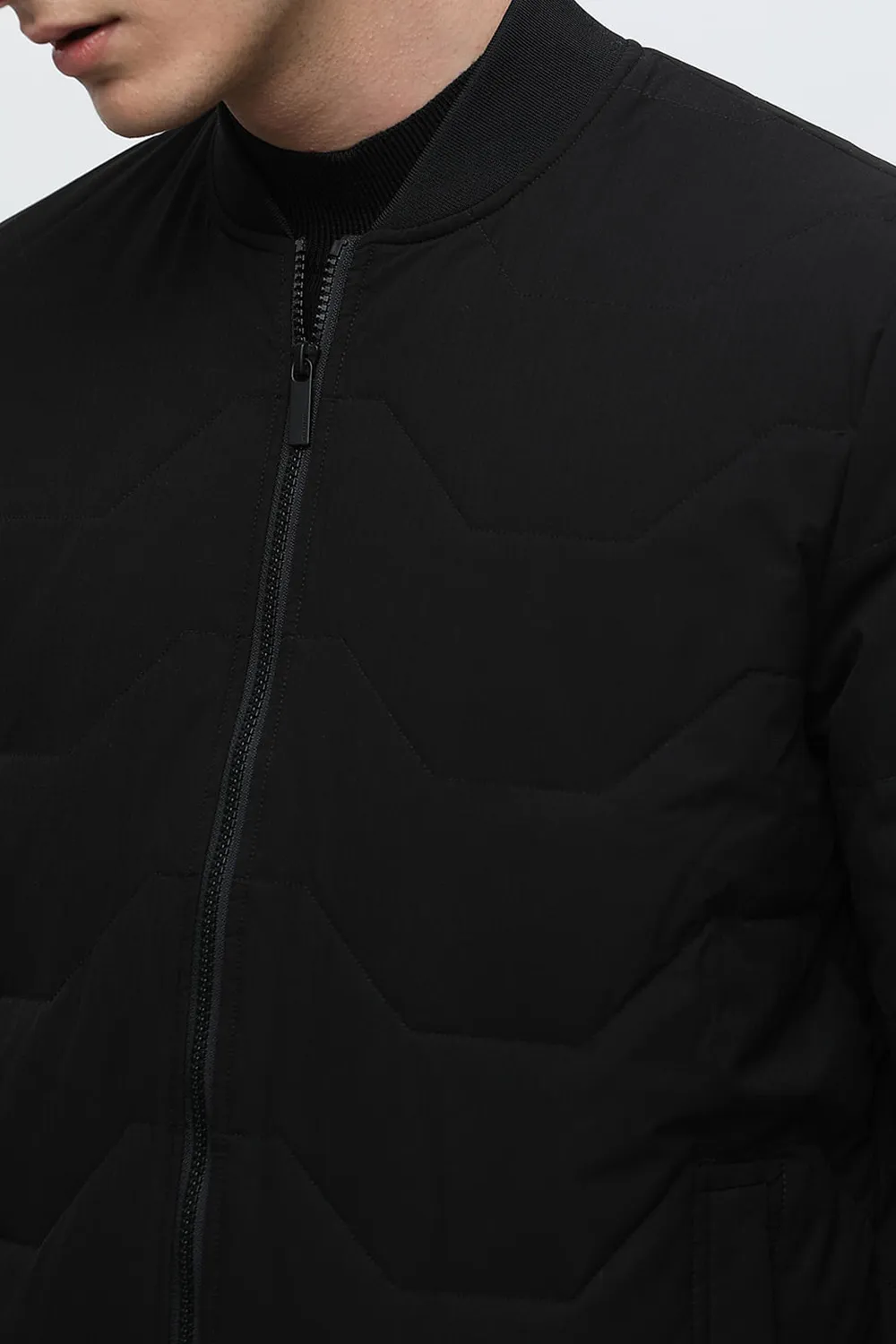 BLACK QUILTED REDOWN BOMBER JACKET