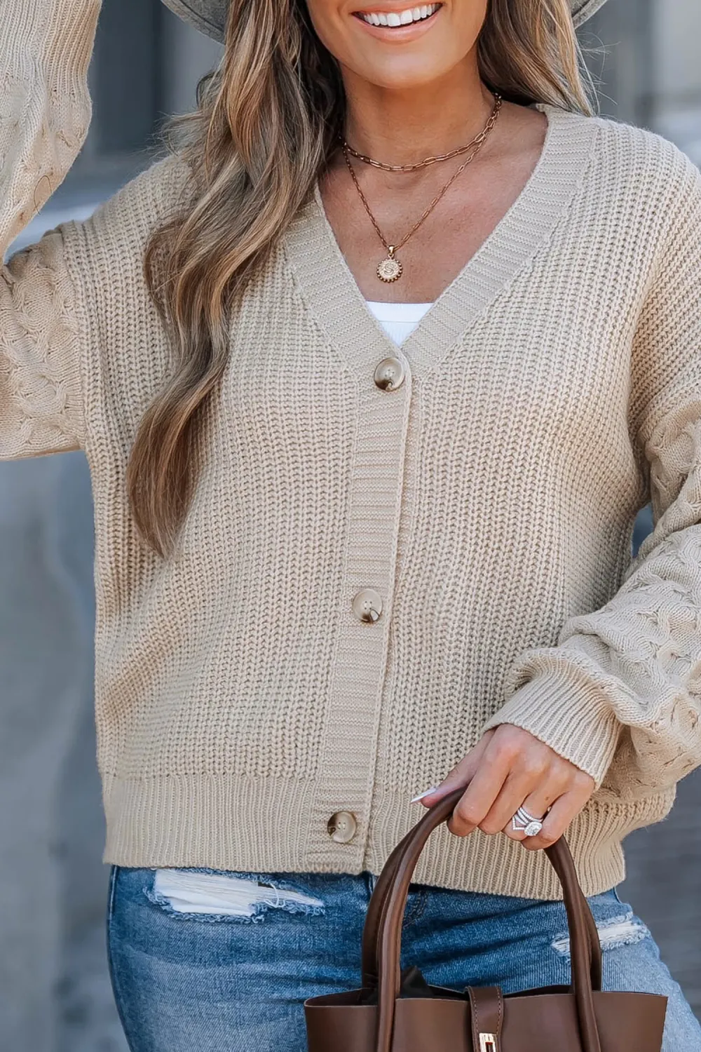 Apricot Honeycomb Puff Sleeve Cropped Cardigan