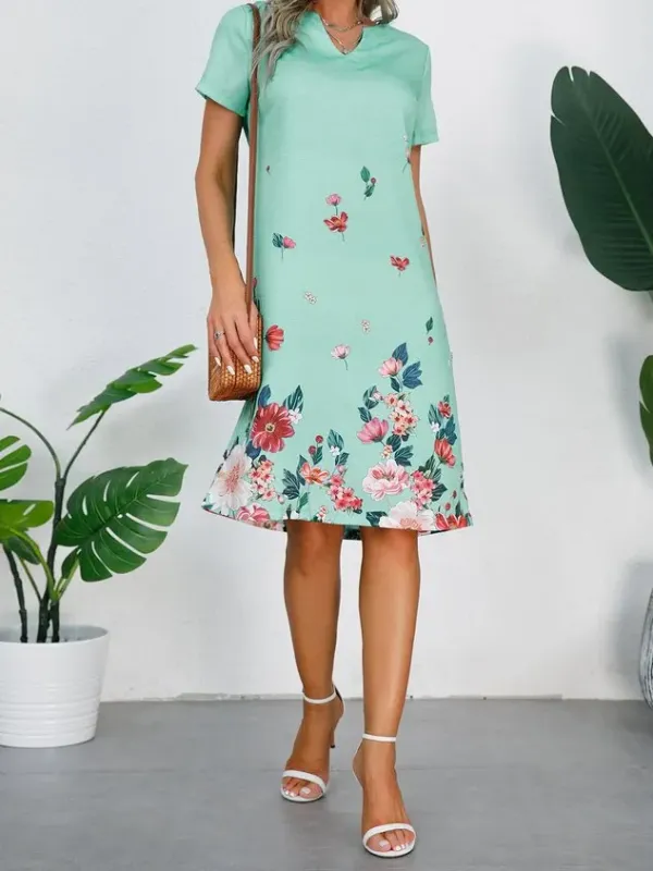 Women Floral Notched Short Sleeve Comfy Casual Short Dress