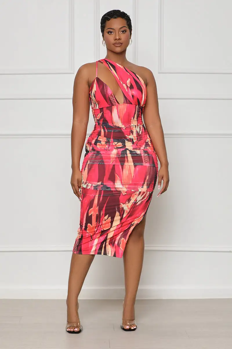 Art Show One Shoulder Dress (Hot Pink Multi)