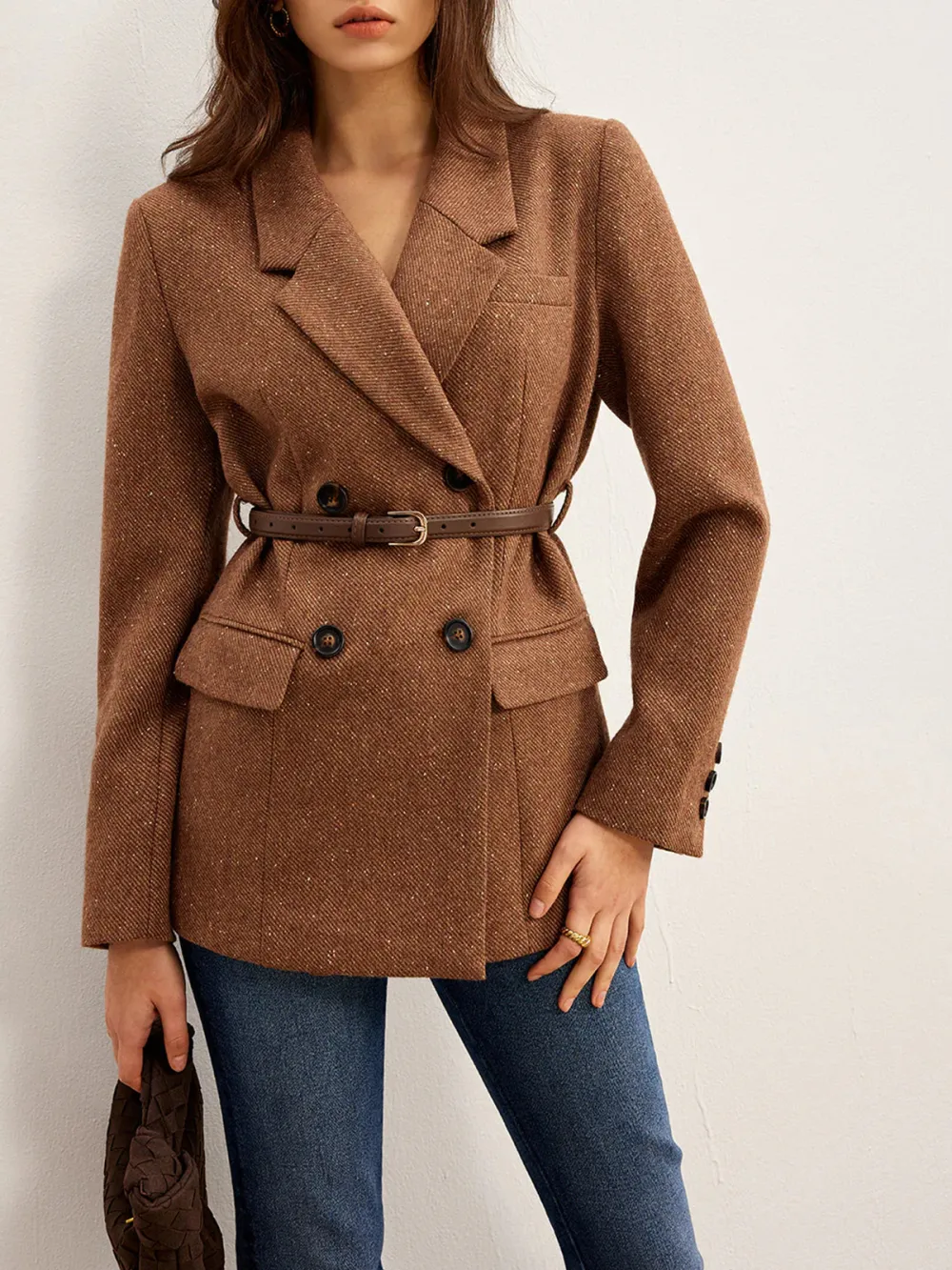 Double-Breasted Lapel Blazer With Belt