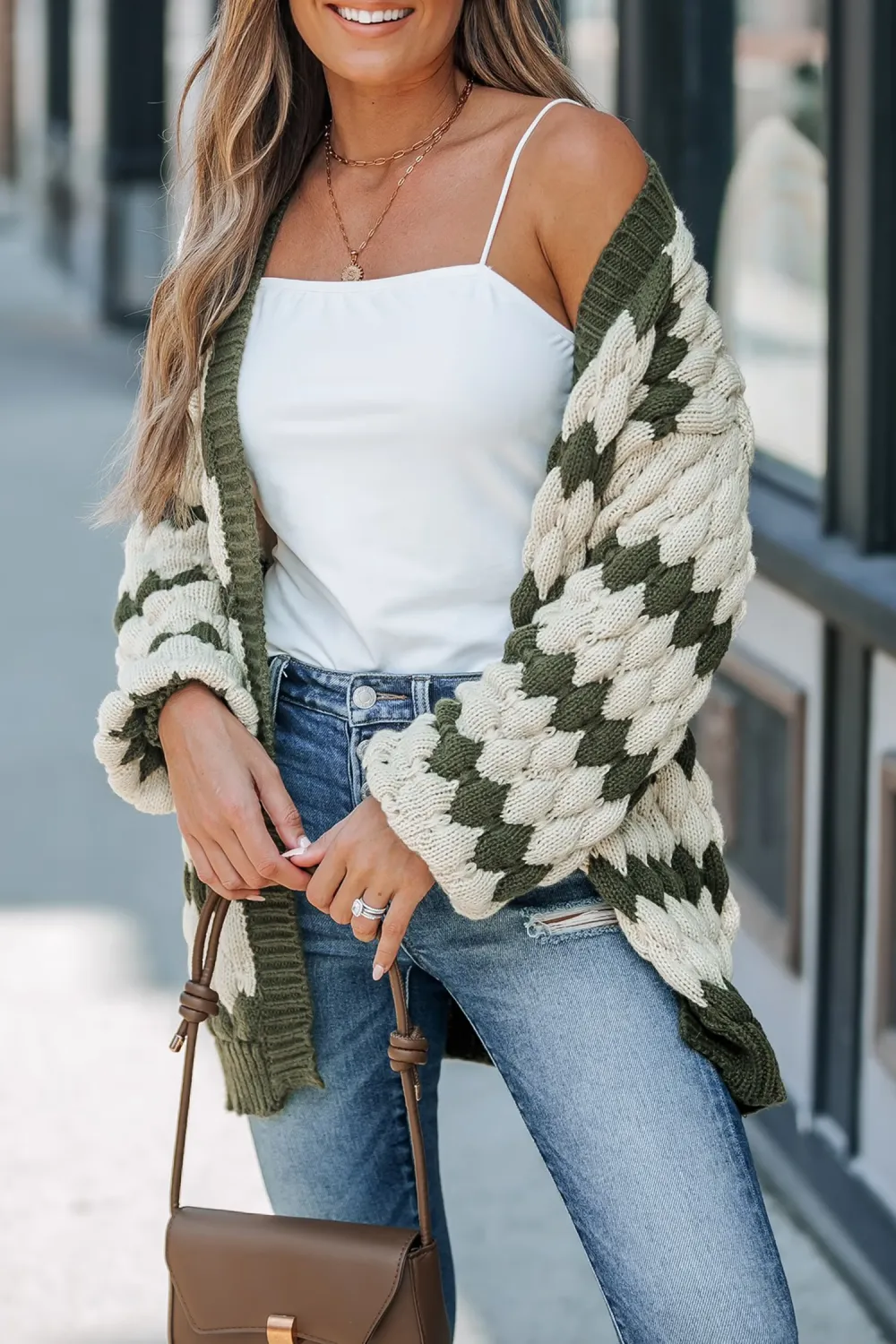 Green & White Stripe Open Front Puff Sleeve Cardigan