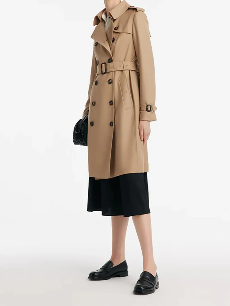 Worsted Wool Gathered Waist Double-Breasted Women Trench Coat