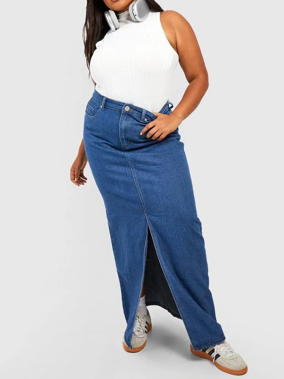 DENIM SPLIT FRONT MAXI SKIRT