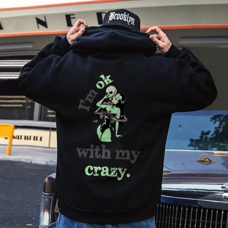 I閳ユΔ Ok With My Crazy Letters Skull Print Casual Hoodie