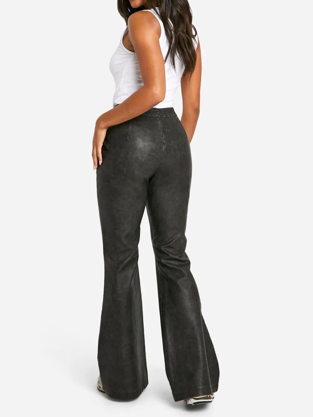 HIGH WAISTED WASHED PU FLARE PANTS