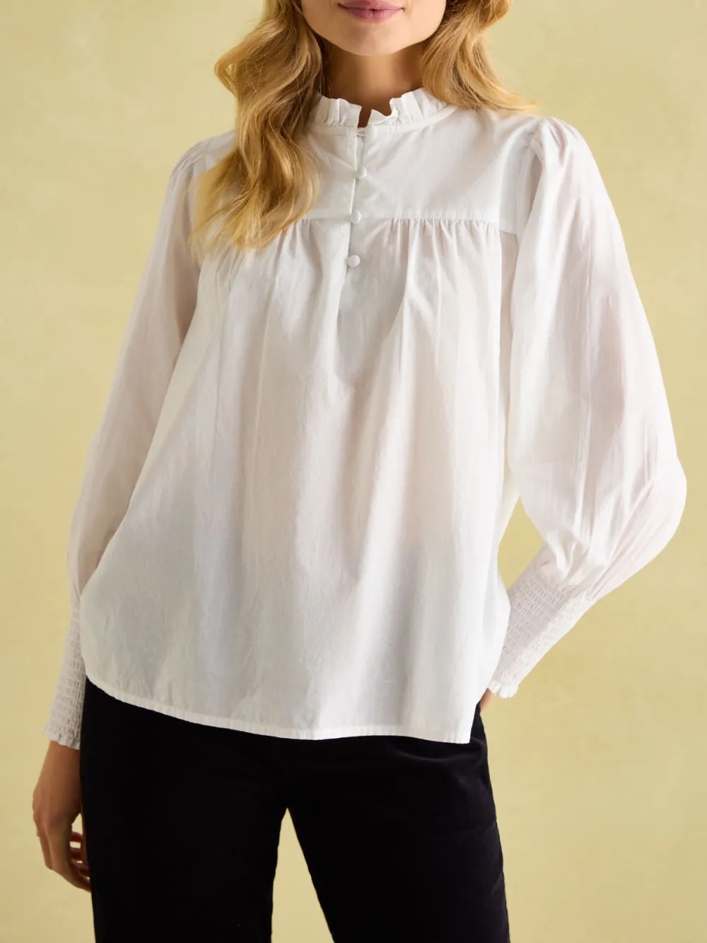 Medium Stretch Cream Cotton Frill Neck Blouse