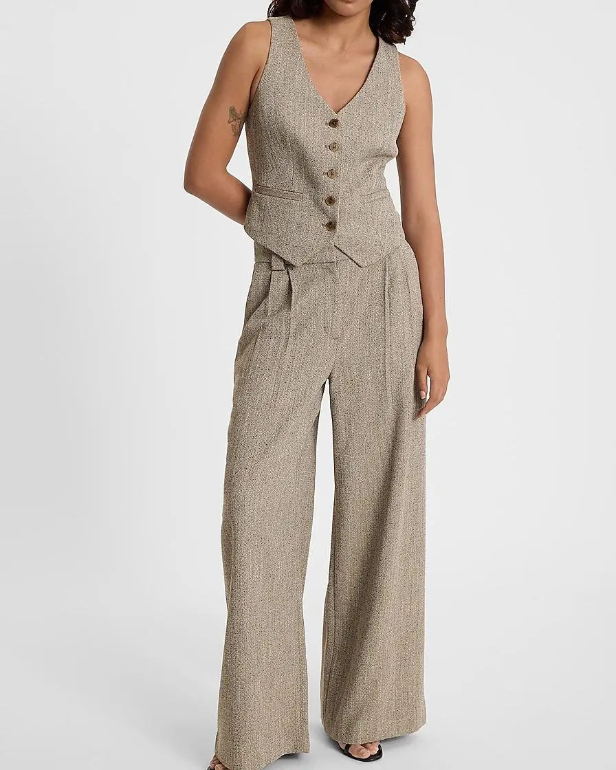 Textured Herringbone Blazer Vest + Textured Herringbone Pleated Trouser