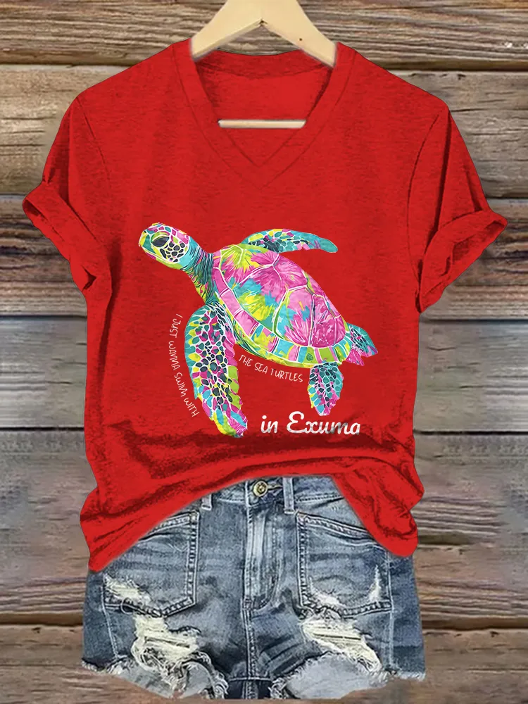 Women's I Just Wanna Swim With The Sea Turtles Short Sleeves V-Neck Pure Cotton T-Shirt