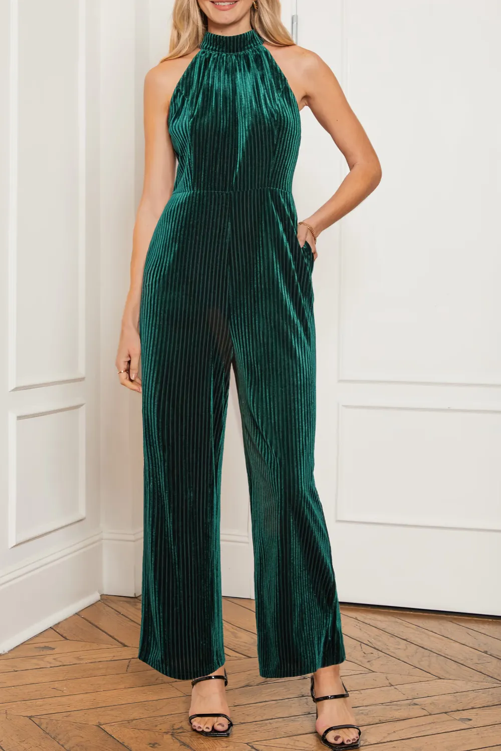 Green Corduroy Sleeveless Straight Leg Jumpsuit