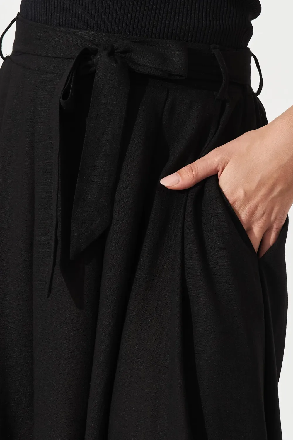 Black Belted Flowy Midi Skirt