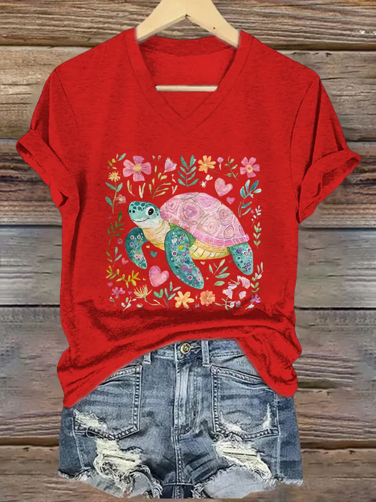 Women's Summer Turtle And Floral Short Sleeves V-Neck Pure Cotton T-Shirt