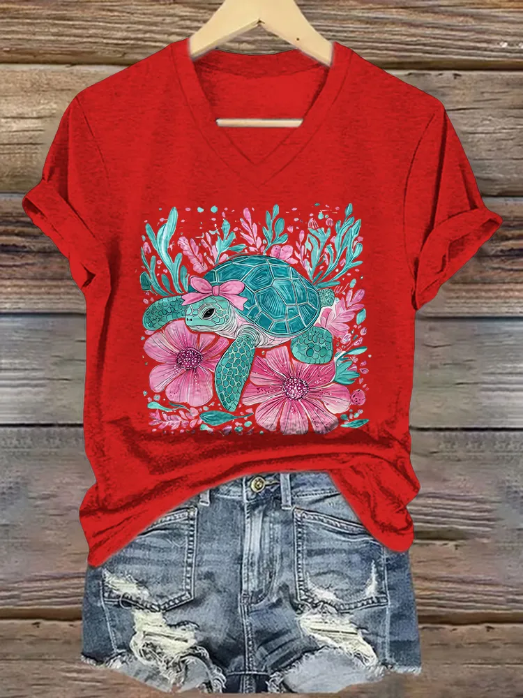 Women's Summer Sea Turtles Short Sleeves V-Neck Pure Cotton T-Shirt
