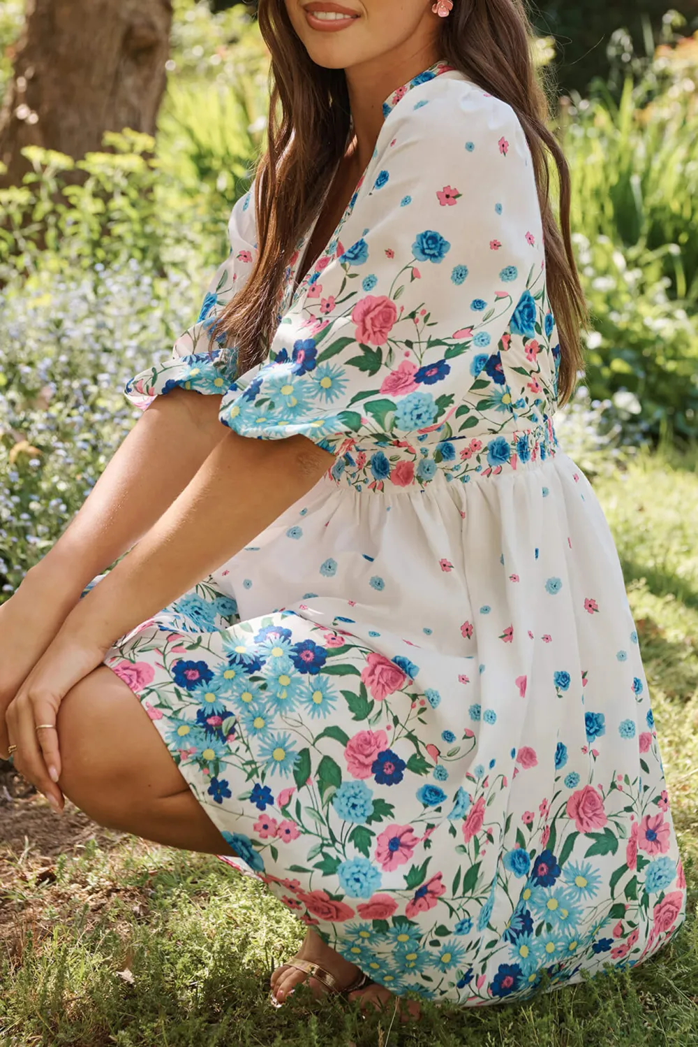 White Floral Print Mini Dress With Puff Sleeves