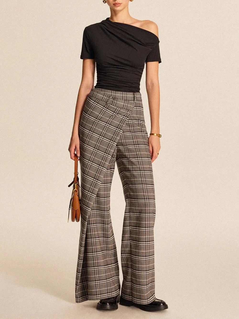 Asymmetrical Design Plaid Pants With Pockets