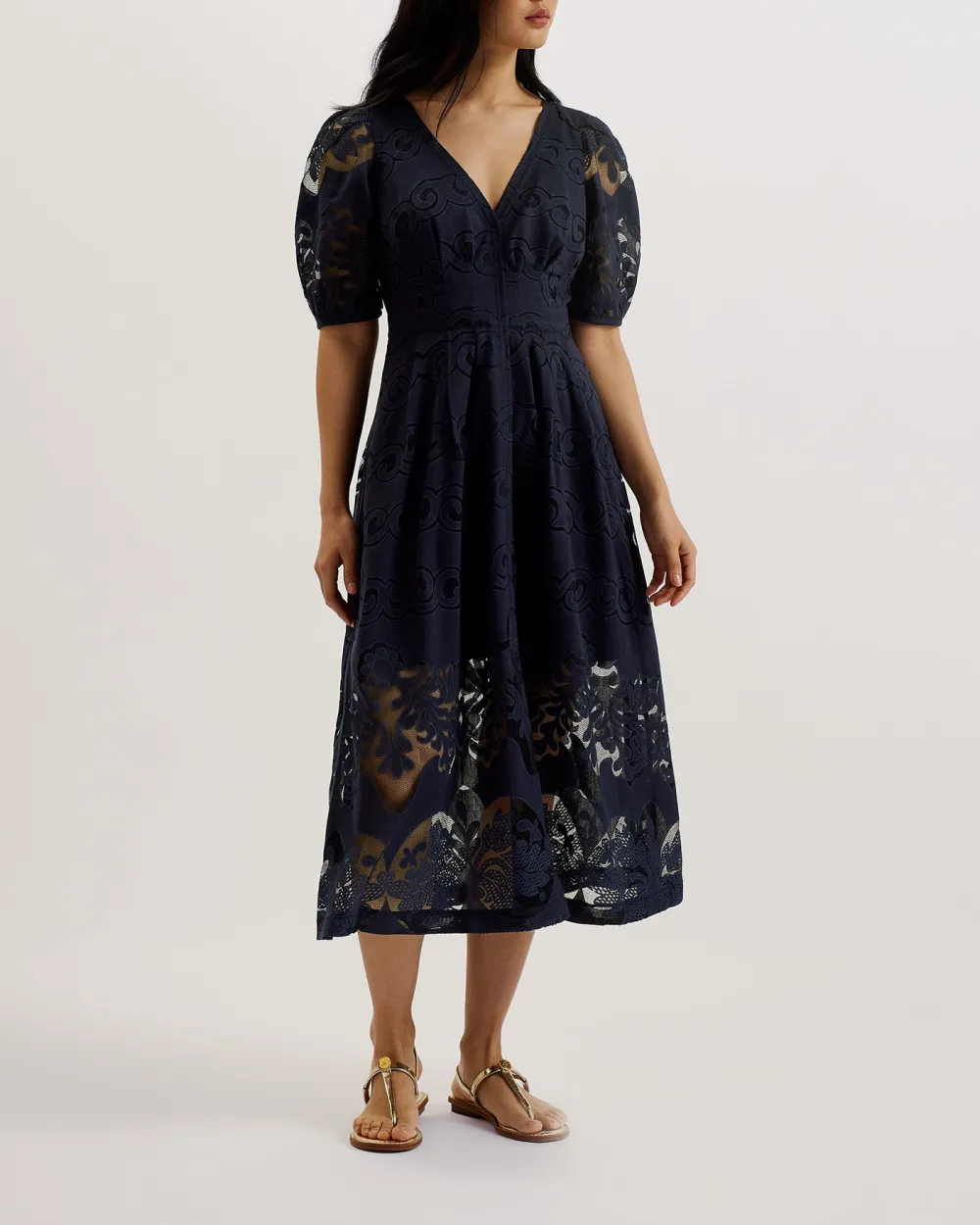 Agnel Lace Puff Sleeve Midi Dress Navy