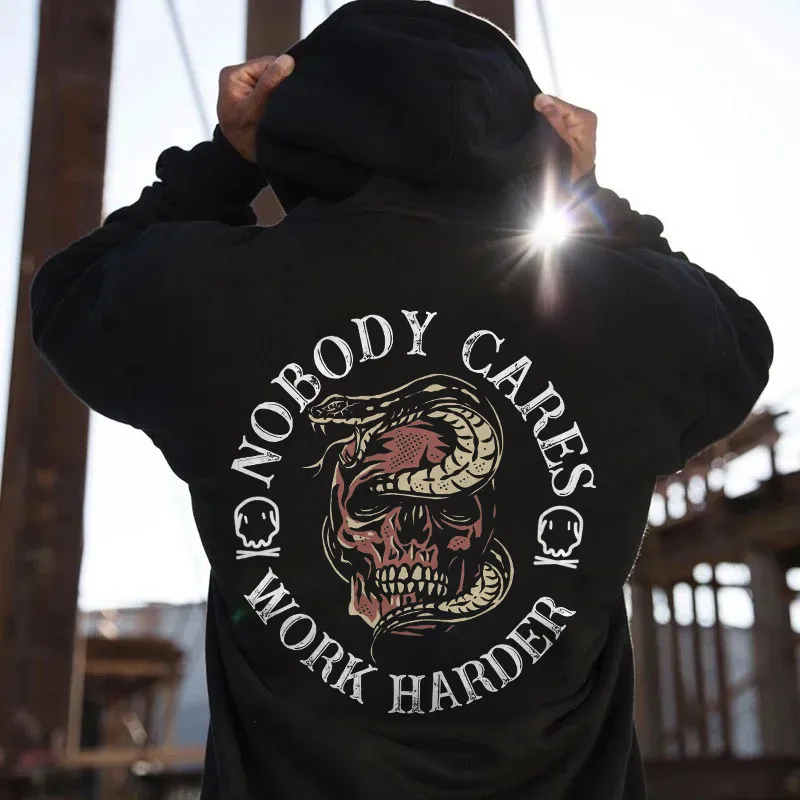 Noboody Cares Work Harder Printed Skull Men's Hoodie