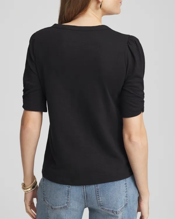 Black V-Neck Henley Short Sleeve Tee