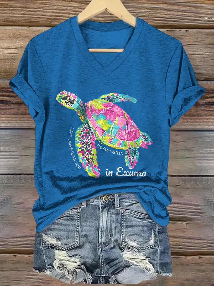 Women's I Just Wanna Swim With The Sea Turtles Short Sleeves V-Neck Pure Cotton T-Shirt