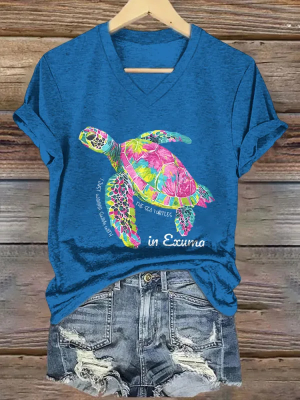 Women's I Just Wanna Swim With The Sea Turtles Short Sleeves V-Neck Pure Cotton T-Shirt