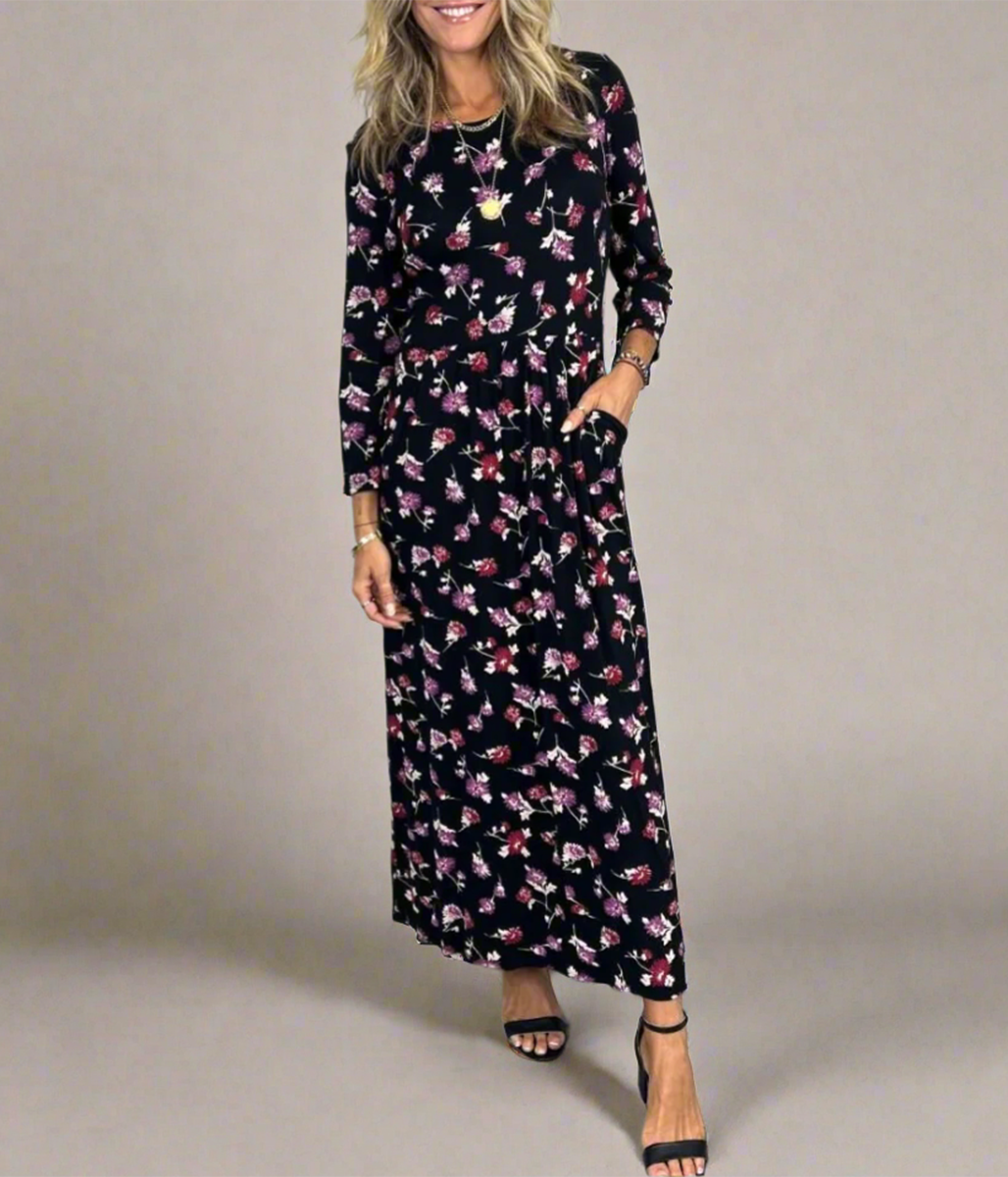 Black Floral Jersey Midi Dress