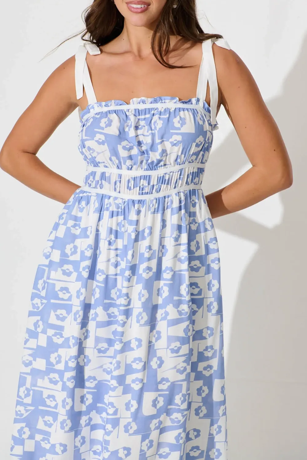 Light Blue Patterned Strapless Maxi Dress