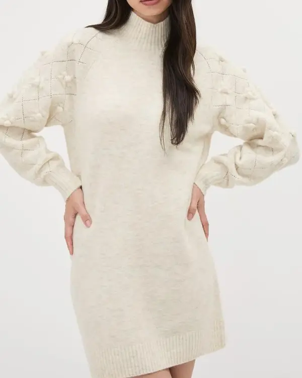 Long-Sleeve Crew-Neck Spongy Dress With 3D Flowers