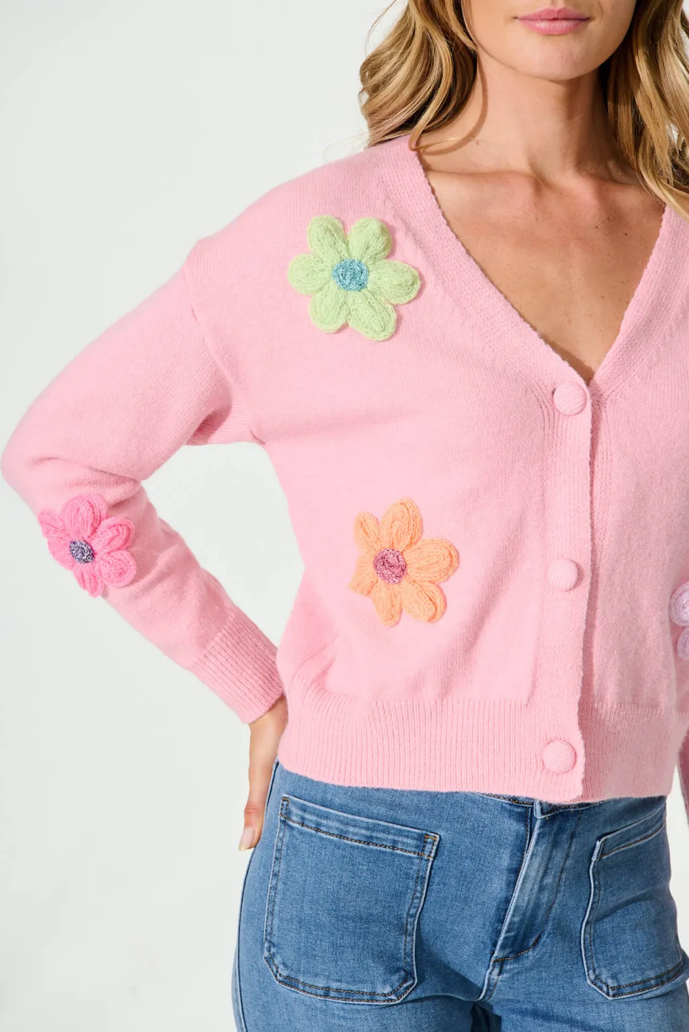 Pink Flower Embroidered V Neck Cardigan