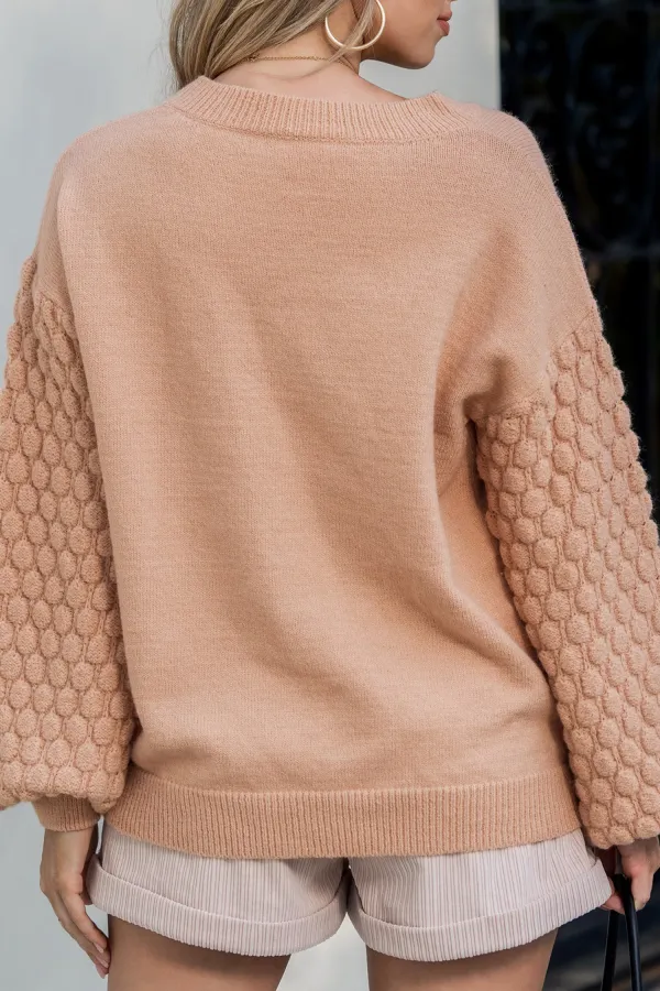 Beige Round Neck Drop Shoulder Long Sleeve Sweater