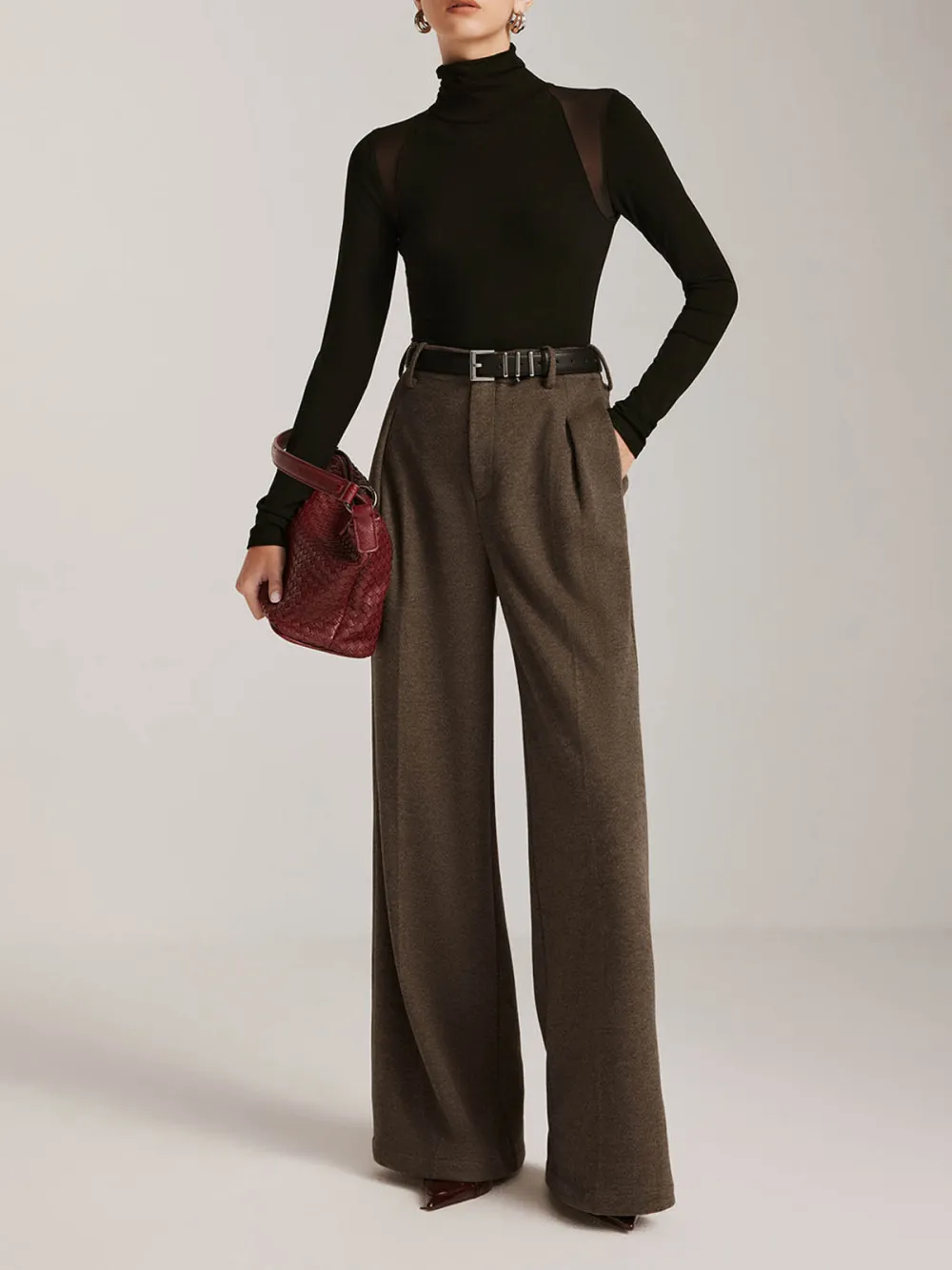 Pocketed Wide-Leg Pants Without Belt